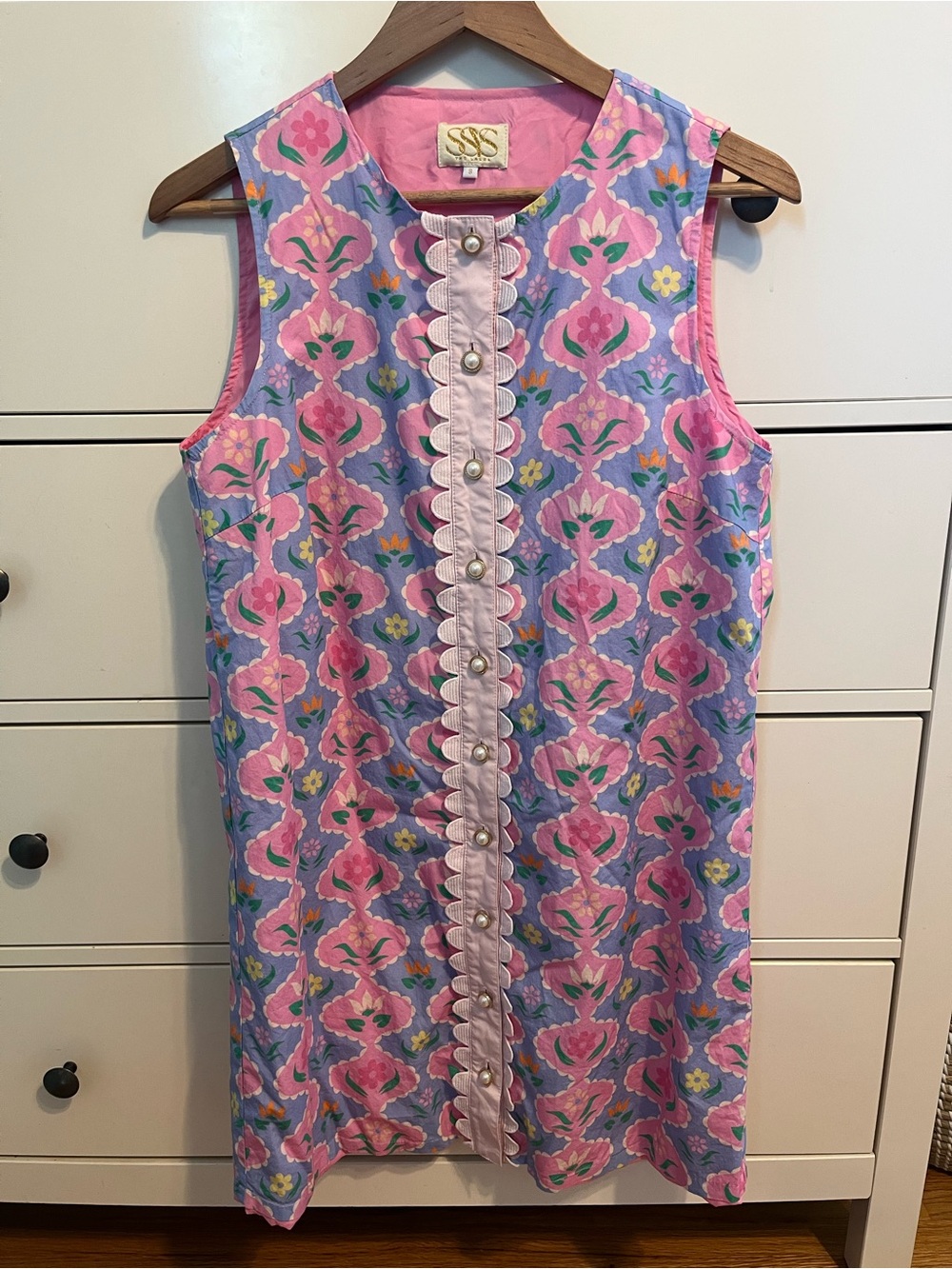 Pink/Lavender Floral Dress (pearl buttons + scallop trim) SSYS